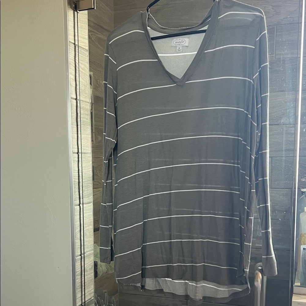 Mud Pie Sage Striped V-Neck Long Sleeve Tee